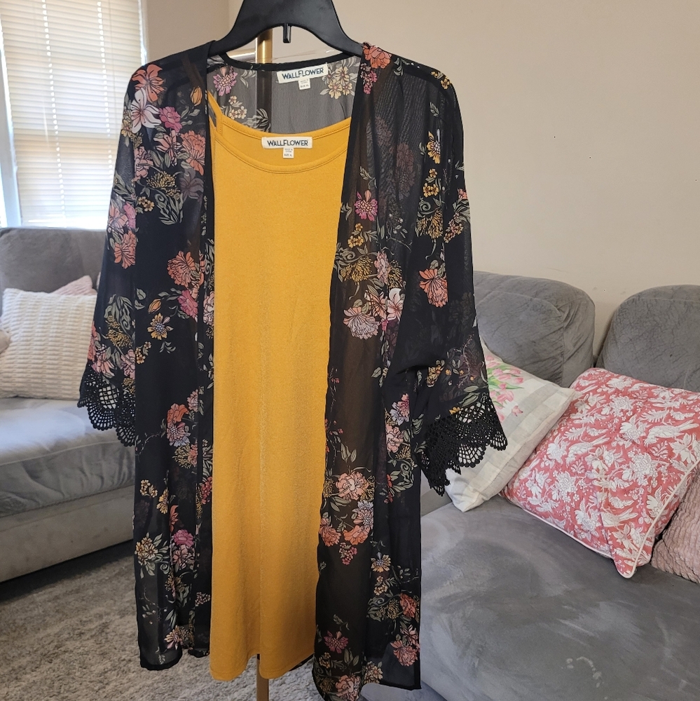 Wallflower Floral Cardigan and Mustard Dress Set